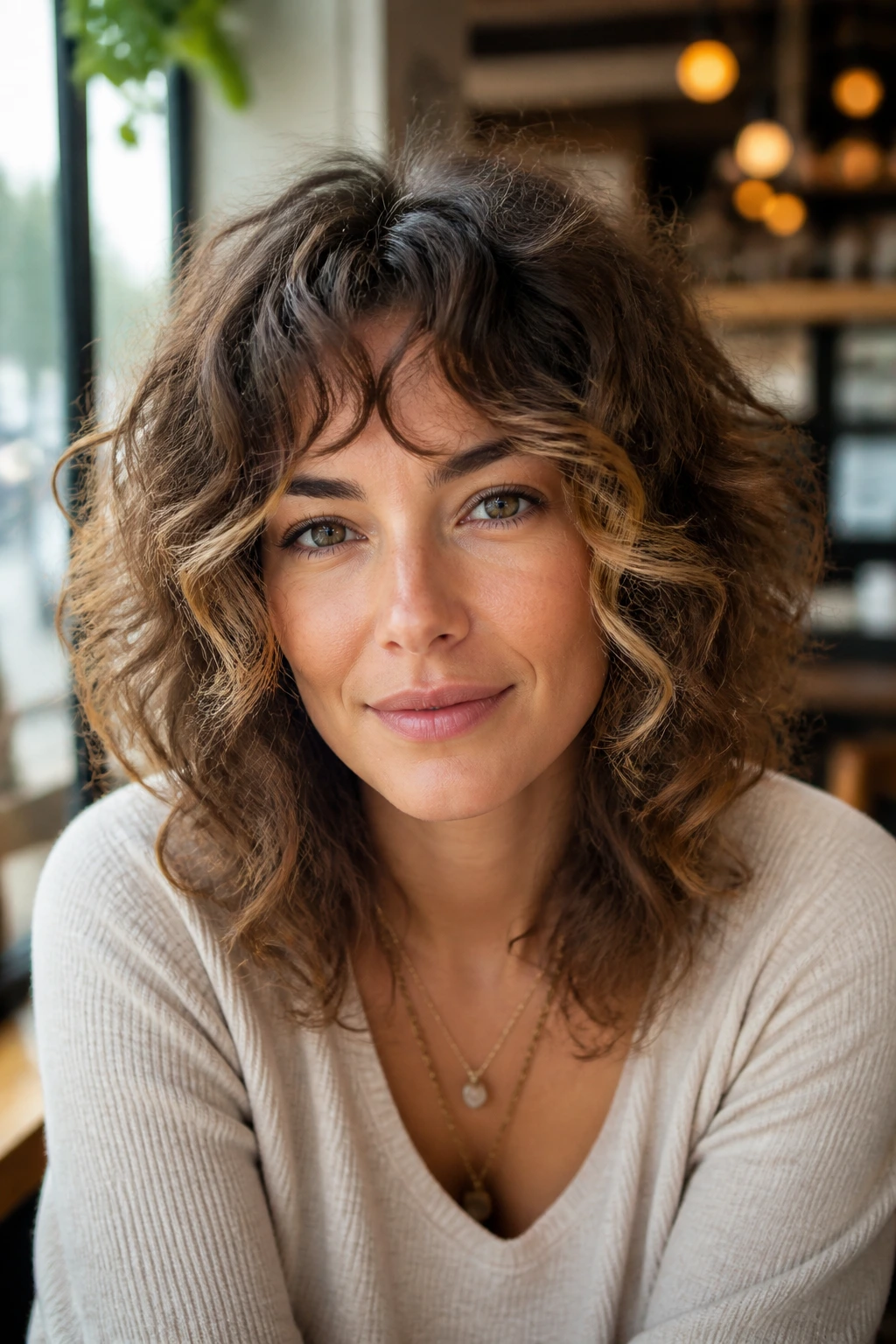 Close-up of woman with bright-front shag front layers framing face