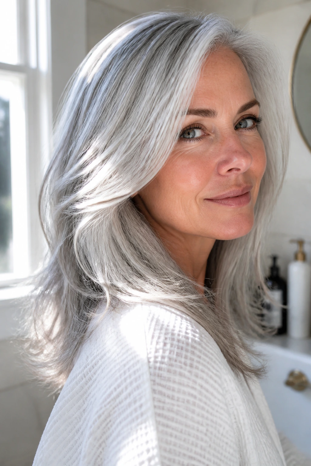 Portrait of a woman with bright silver hair in a sunlit bathroom.