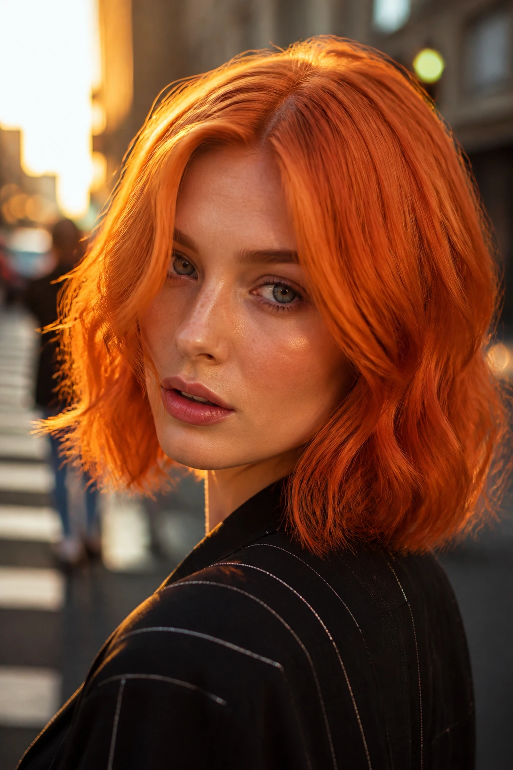 Close-up of a real person with bright tangerine copper hair on a sunlit city street
