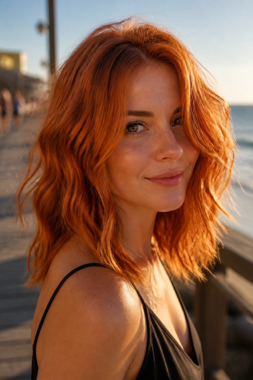Medium close-up of a real woman with bright tangerine copper hair styled in beach waves