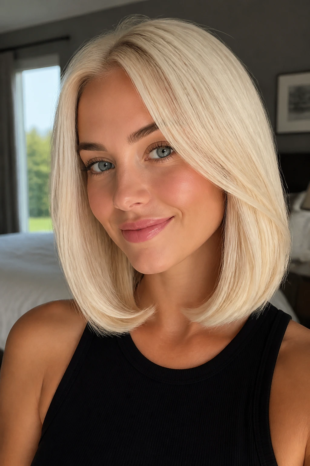 Real person with bright vanilla blonde and tucked ends in soft ambient light