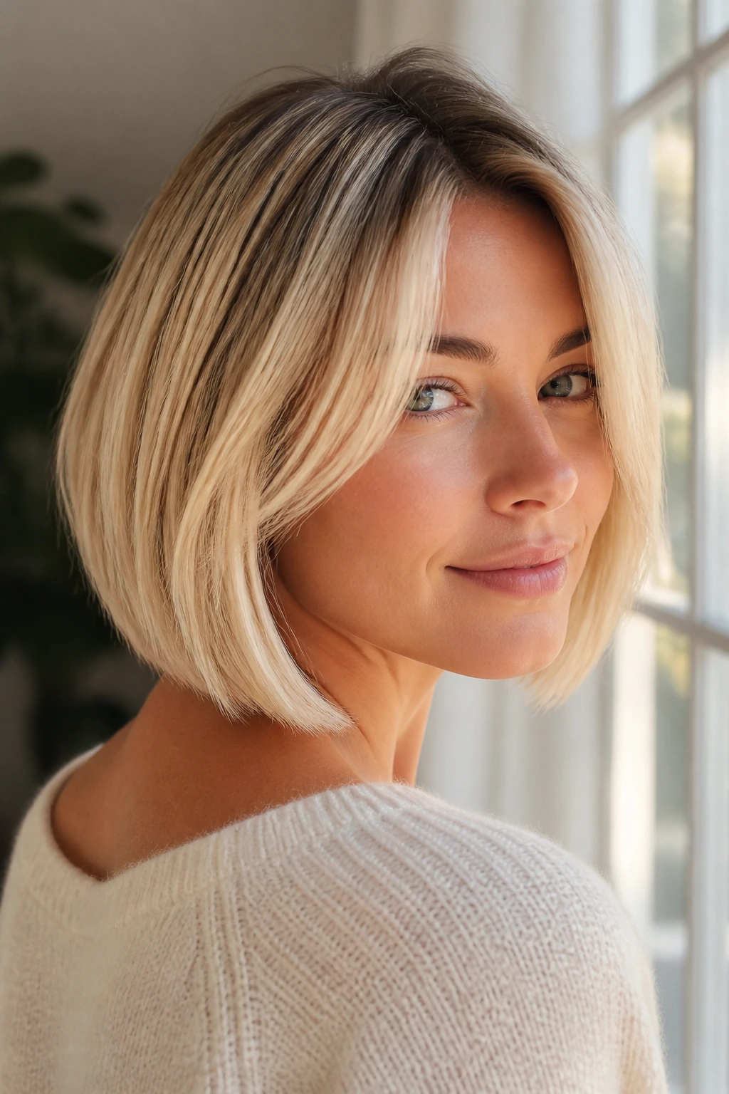 Real woman with bright blonde bob illuminated by natural window light.