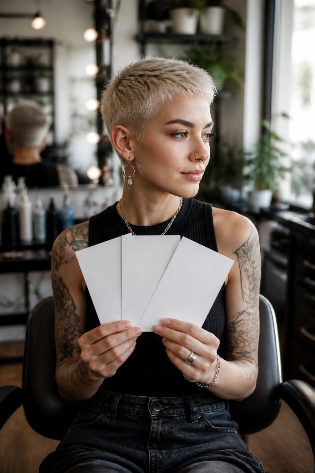 Client in a salon chair holding blank photo cards to bring to the chair