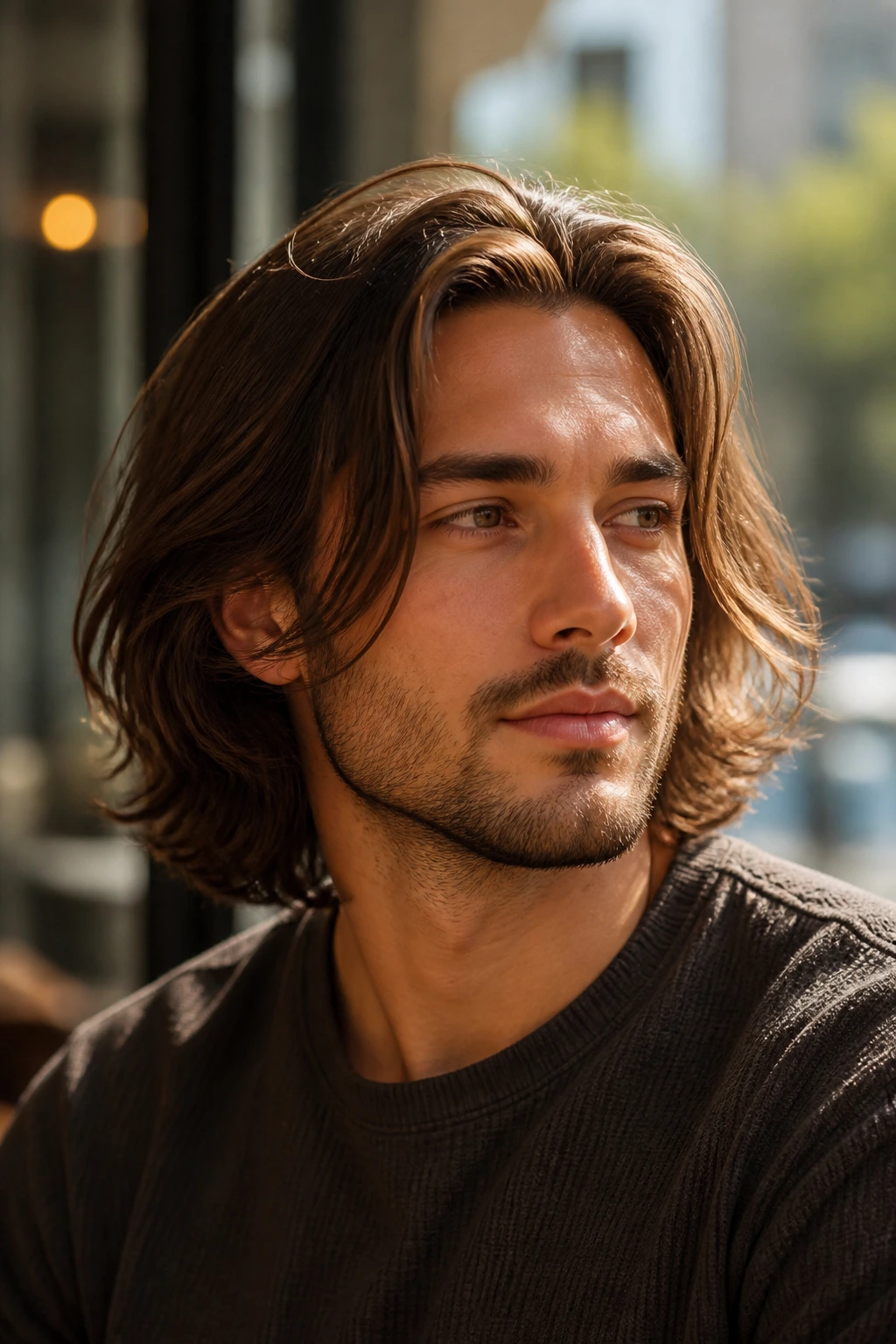 Close-up of man with Bro Flow Bob hairstyle in sunlit cafe
