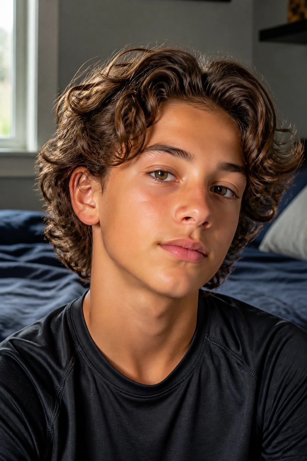 Close-up of a real boy with bro flow curls and loose waves around the ears