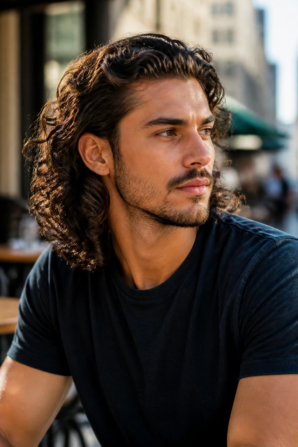Man with bro flow long curly hair and weighted ends in outdoor cafe setting.