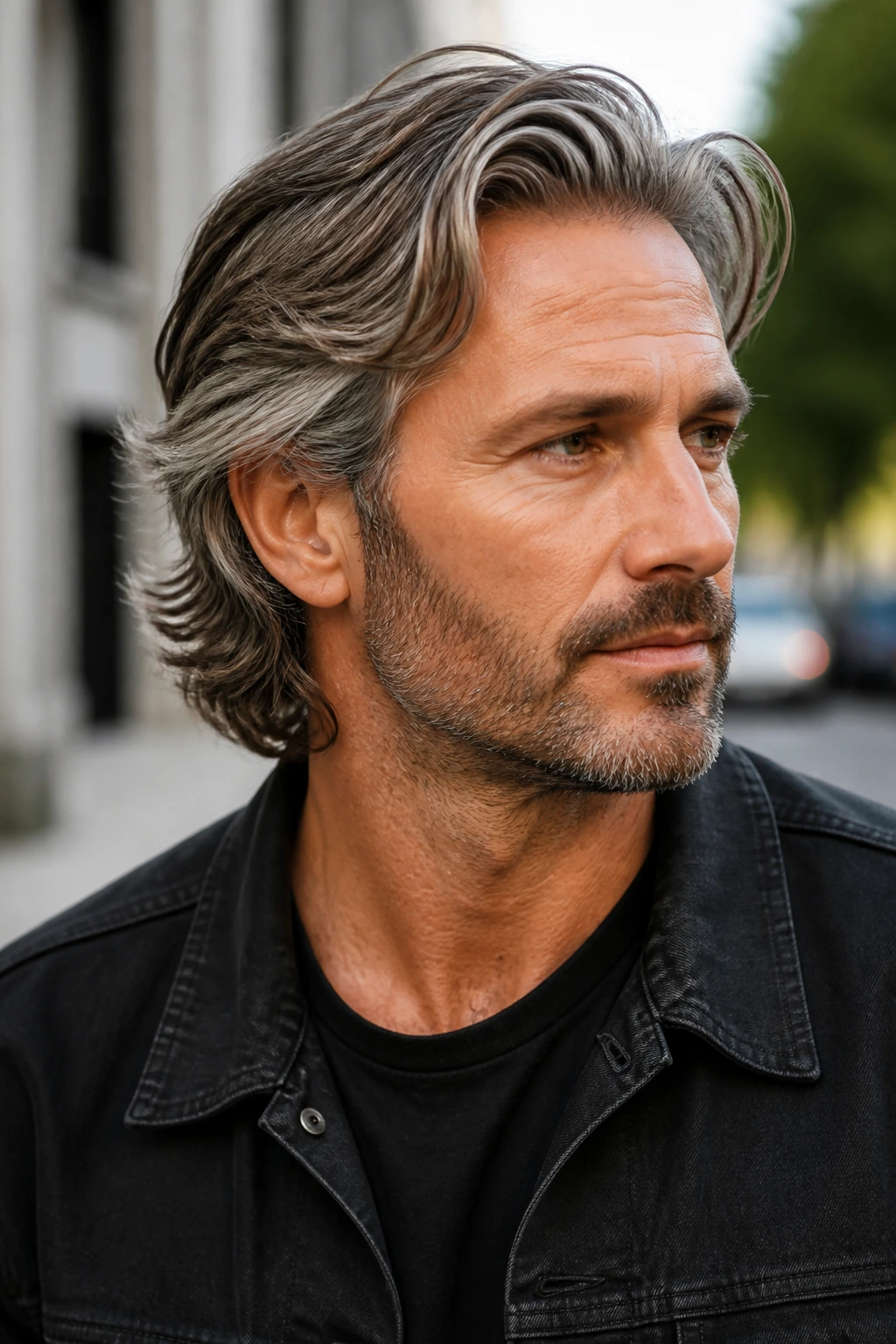 Portrait of a man with bro flow gray hairstyle