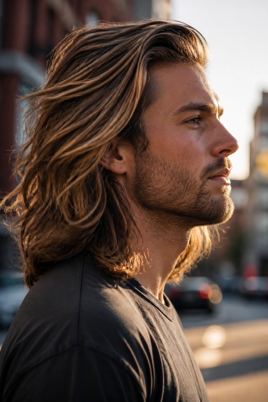 Profile portrait of man with bro flow hairstyle outdoors in late afternoon light
