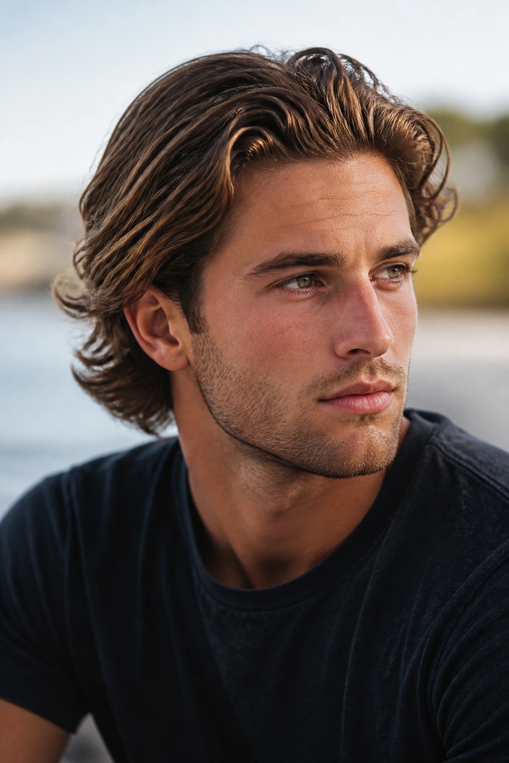 Medium-close portrait of a man with Bro Flow hairstyle