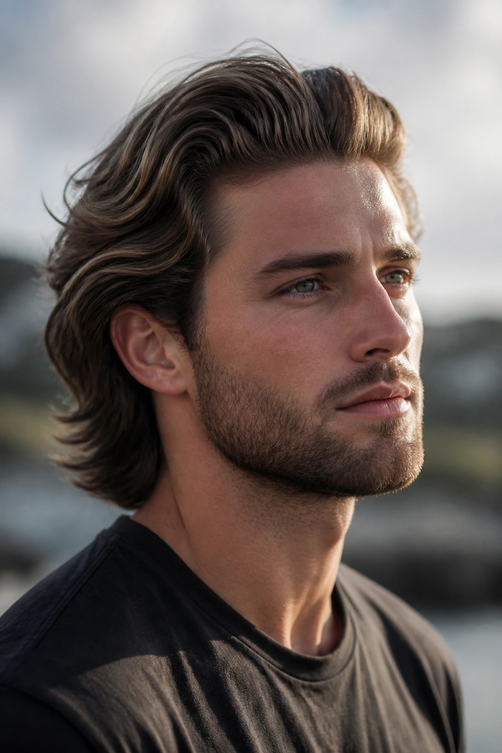 Portrait of man with Bro Flow hairstyle sweeping hair backward