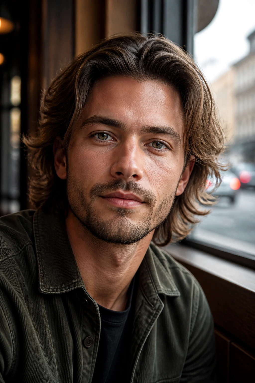 Close-up of a man with Bro Flow hairstyle in warm cafe light