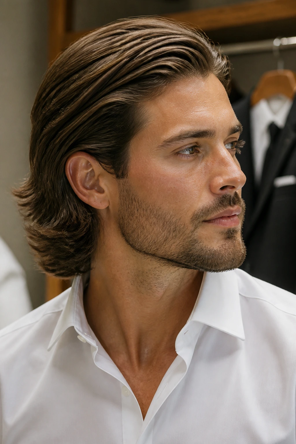 Close-up portrait of a man with bro flow and a neat neckline