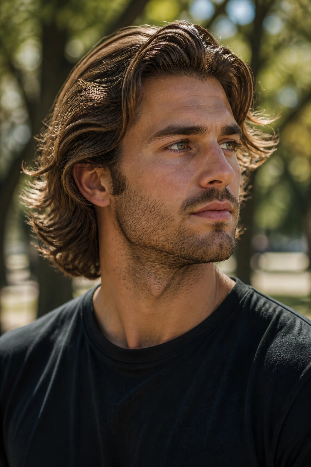 Close-up portrait of a real man with shoulder-length bro flow hair outdoors
