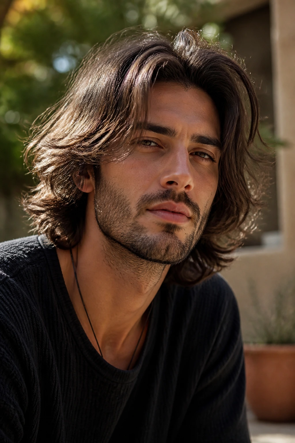 Close-up of a real man with bro flow long layers showing soft layered frizzy hair outdoors