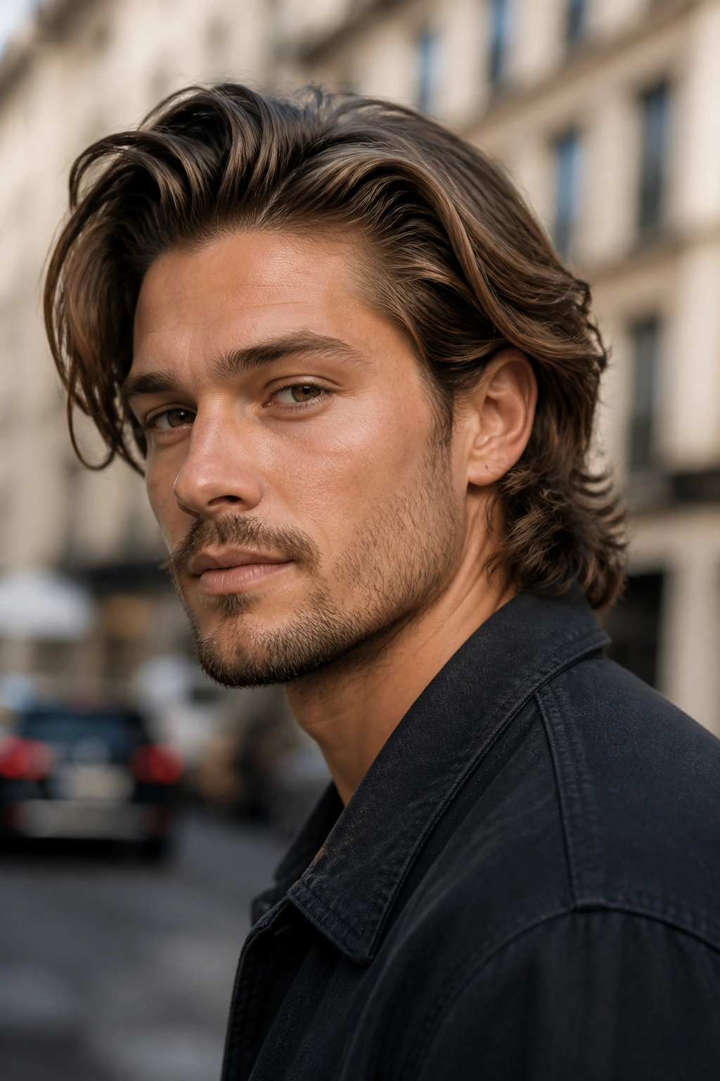 Close-up of a man with a bro flow hairstyle featuring natural lift on a city street
