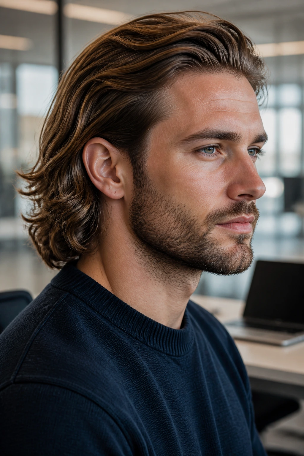 Close-up portrait of a man with a controlled bro flow hairstyle in an office setting
