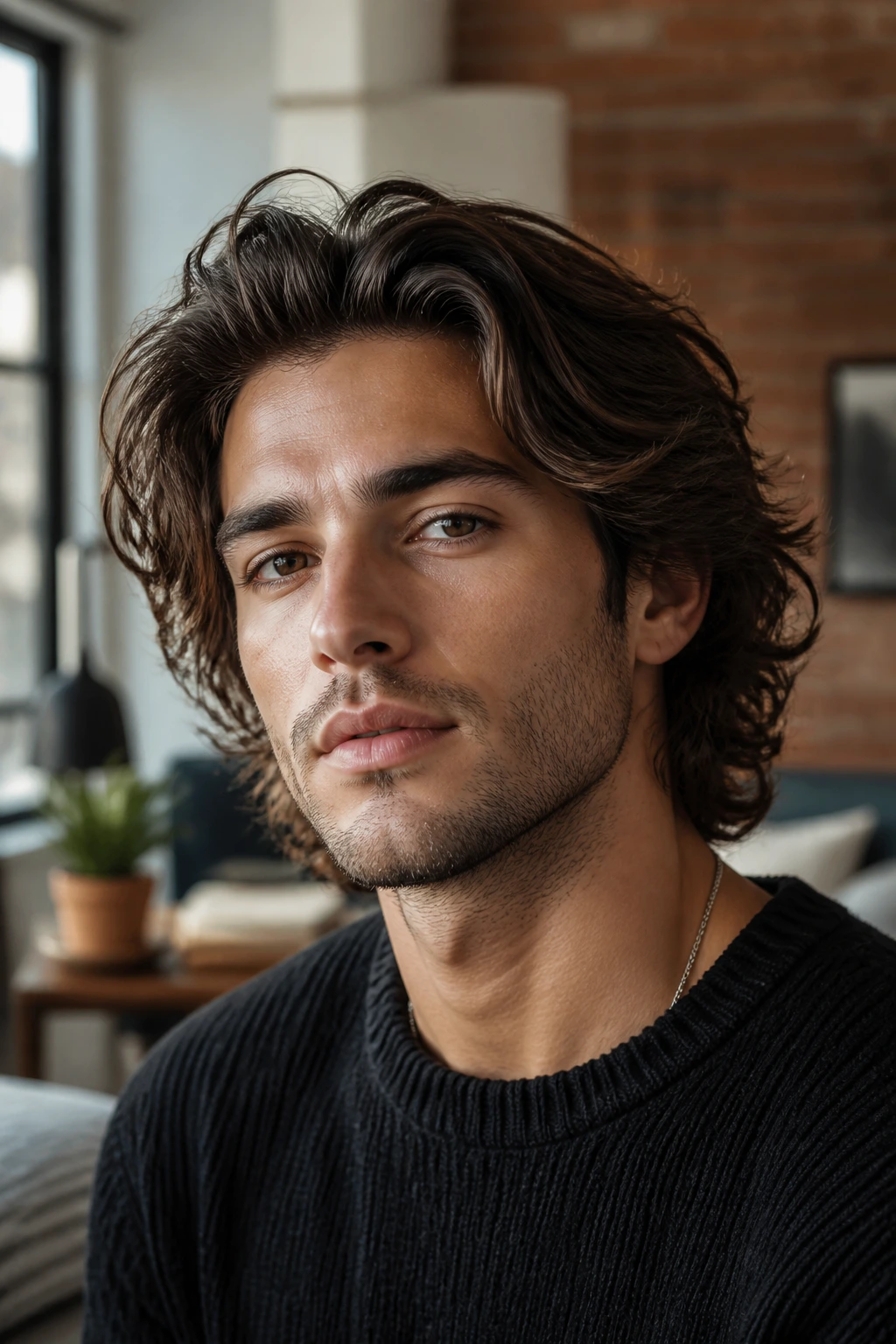 Real man with bro flow shag hairstyle in natural light