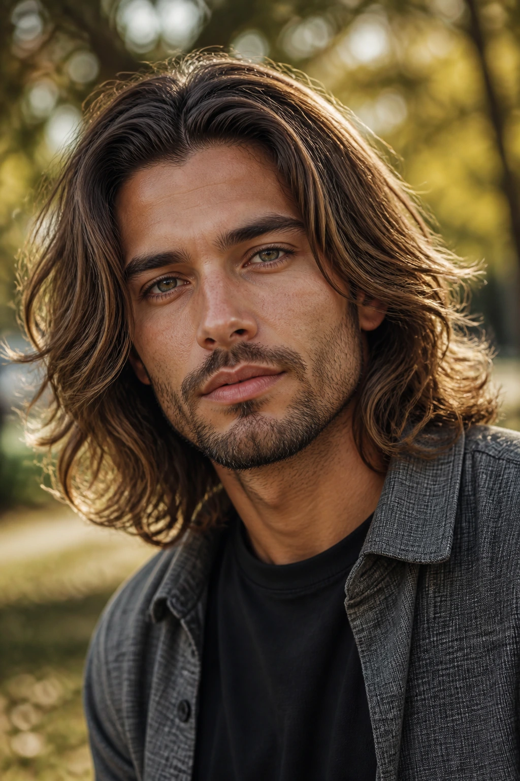 Head-and-shoulders portrait of man with shoulder-grazing bro flow hair