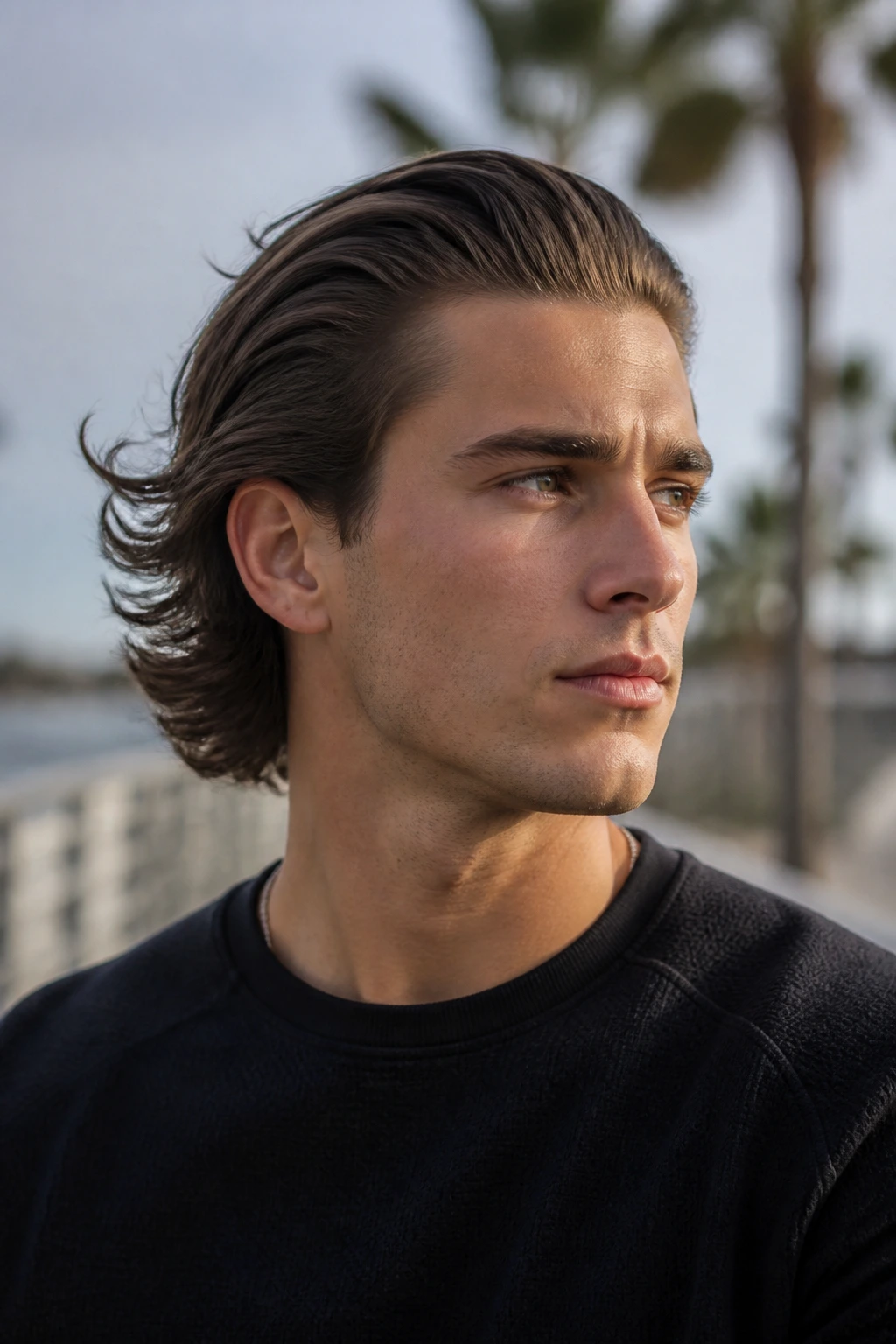 Close-up of a man with bro flow slick back hairstyle in an outdoor setting