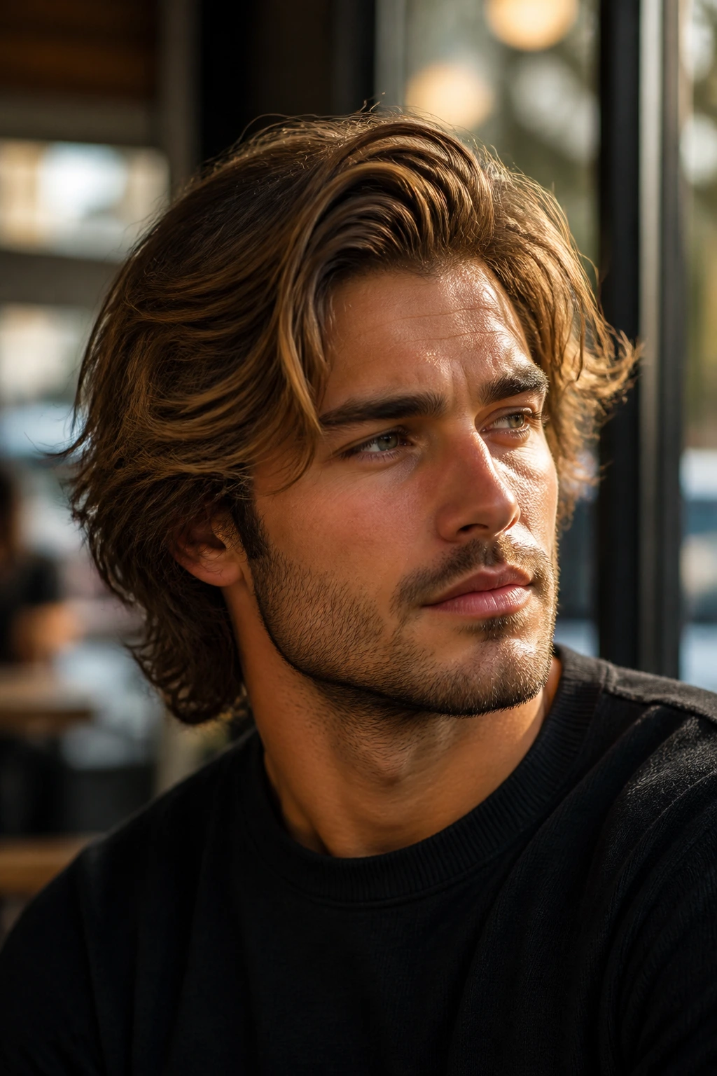 Close-up of man with layered Bro Flow hairstyle in natural cafe light