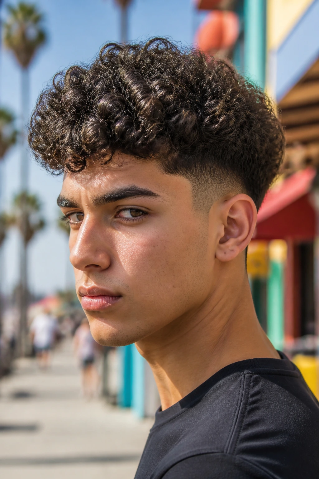 Close-up portrait of a person with dense curly top and tight sides, broccoli cut.