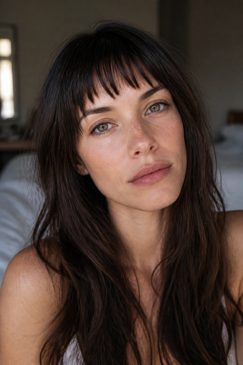 Portrait of a woman with broken brow-grazer fringe and long hair
