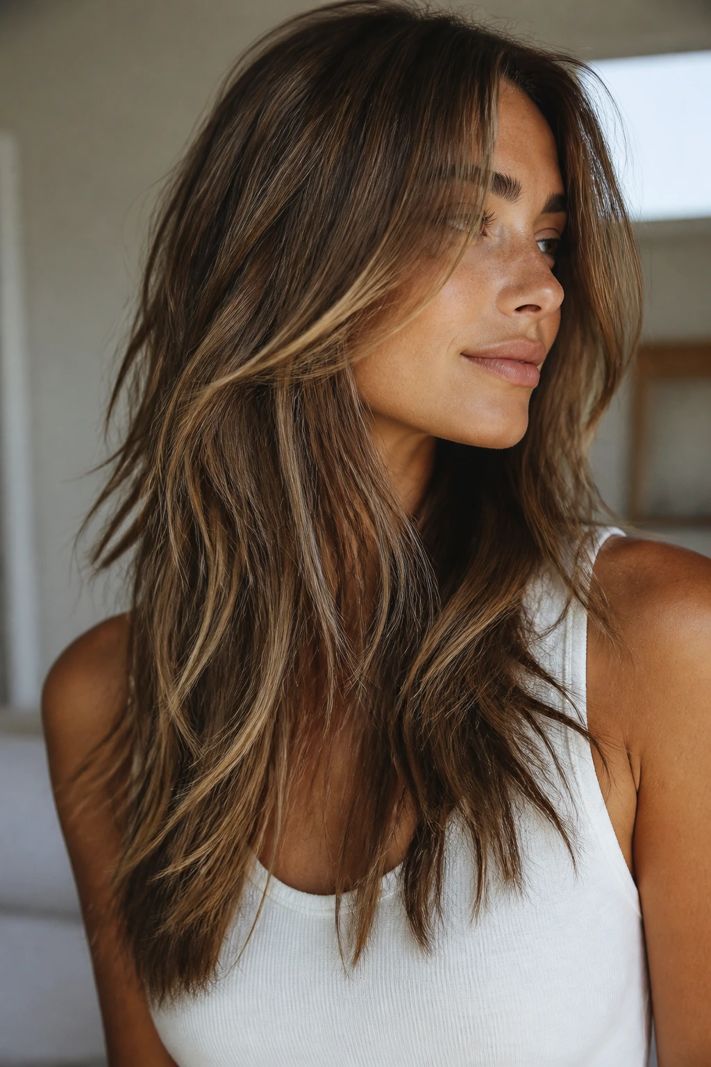 Close-up of long hair with broken-edge layers showing texture and movement in natural light.