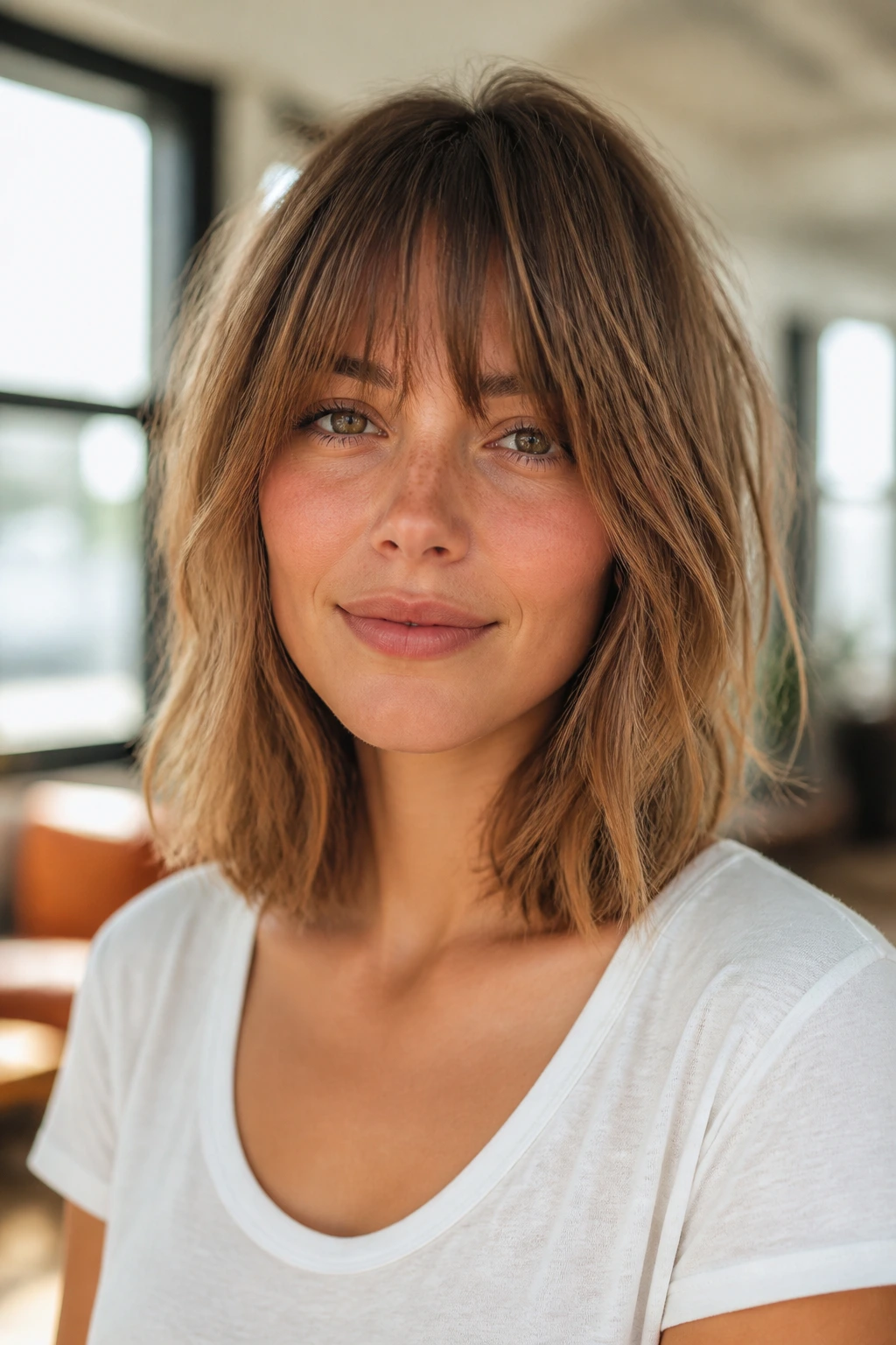 Close-up of a woman with a broken-end lob and fringe.