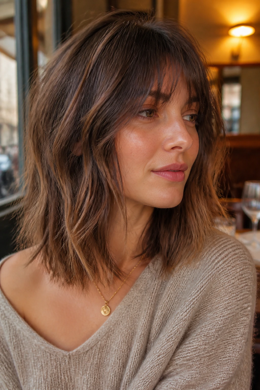 Close-up of a real woman with broken-end Parisian lob in warm light