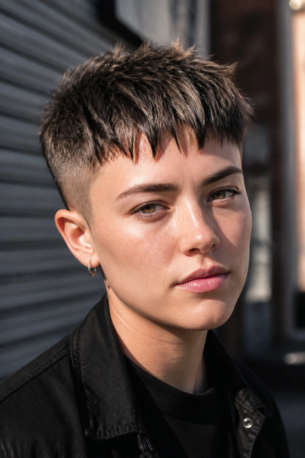 Real person wearing a broken-fringe French crop, portrait on city street