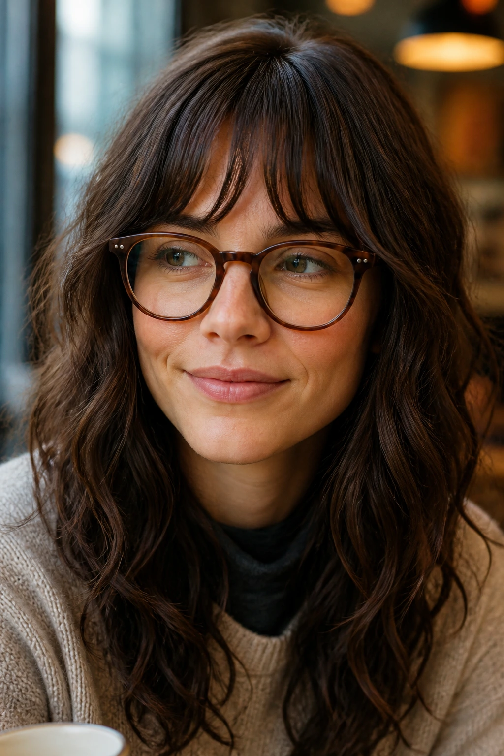 Close-up of a woman with broken-line fringe and glasses in a cafe light.