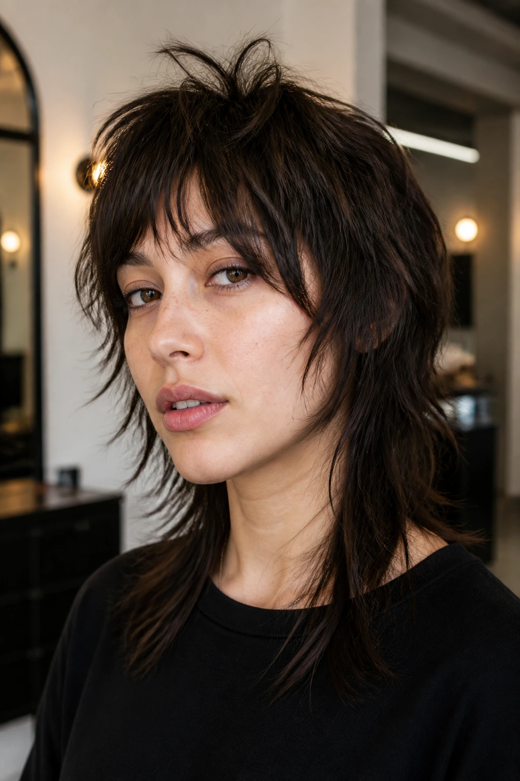 Close-up of real person with broken-up layer mullet in stylish salon