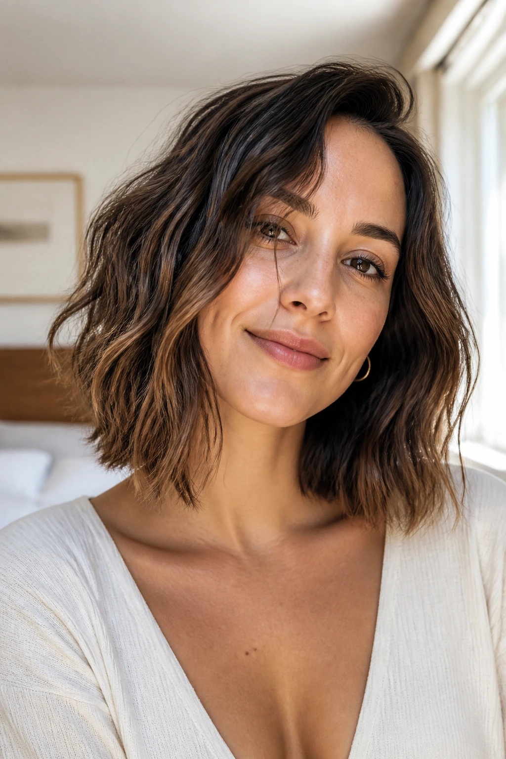 Close-up of a real woman showing broken, irregular waves in a lob haircut