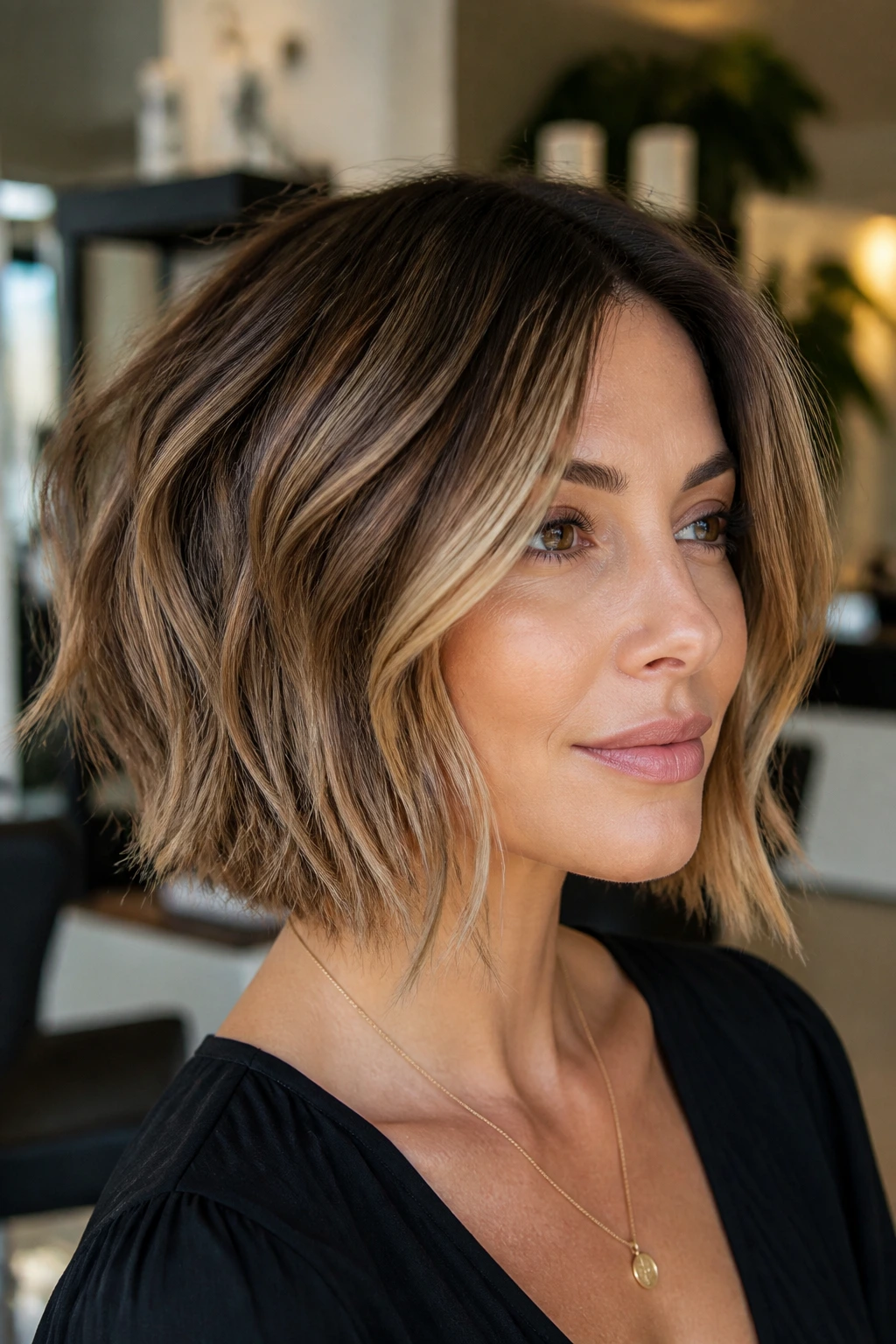 Bronde choppy bob with warm balayage and soft ribbons of light.