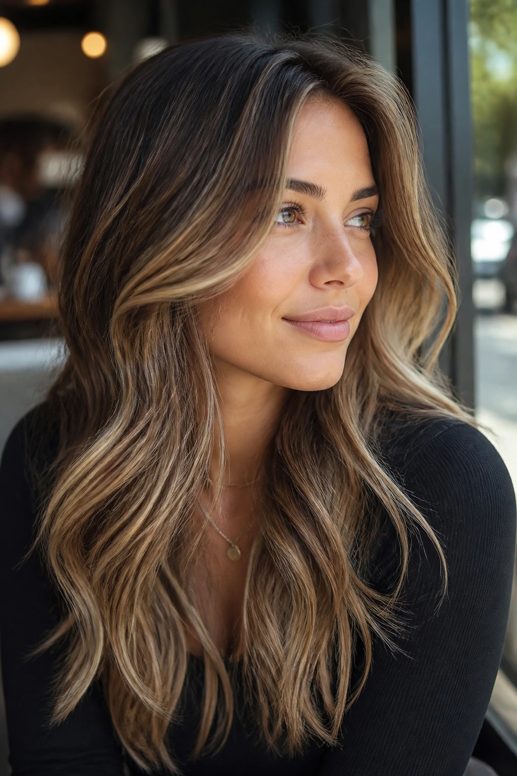 Close-up of a real woman with bronde balayage and feathered finish in natural daylight.