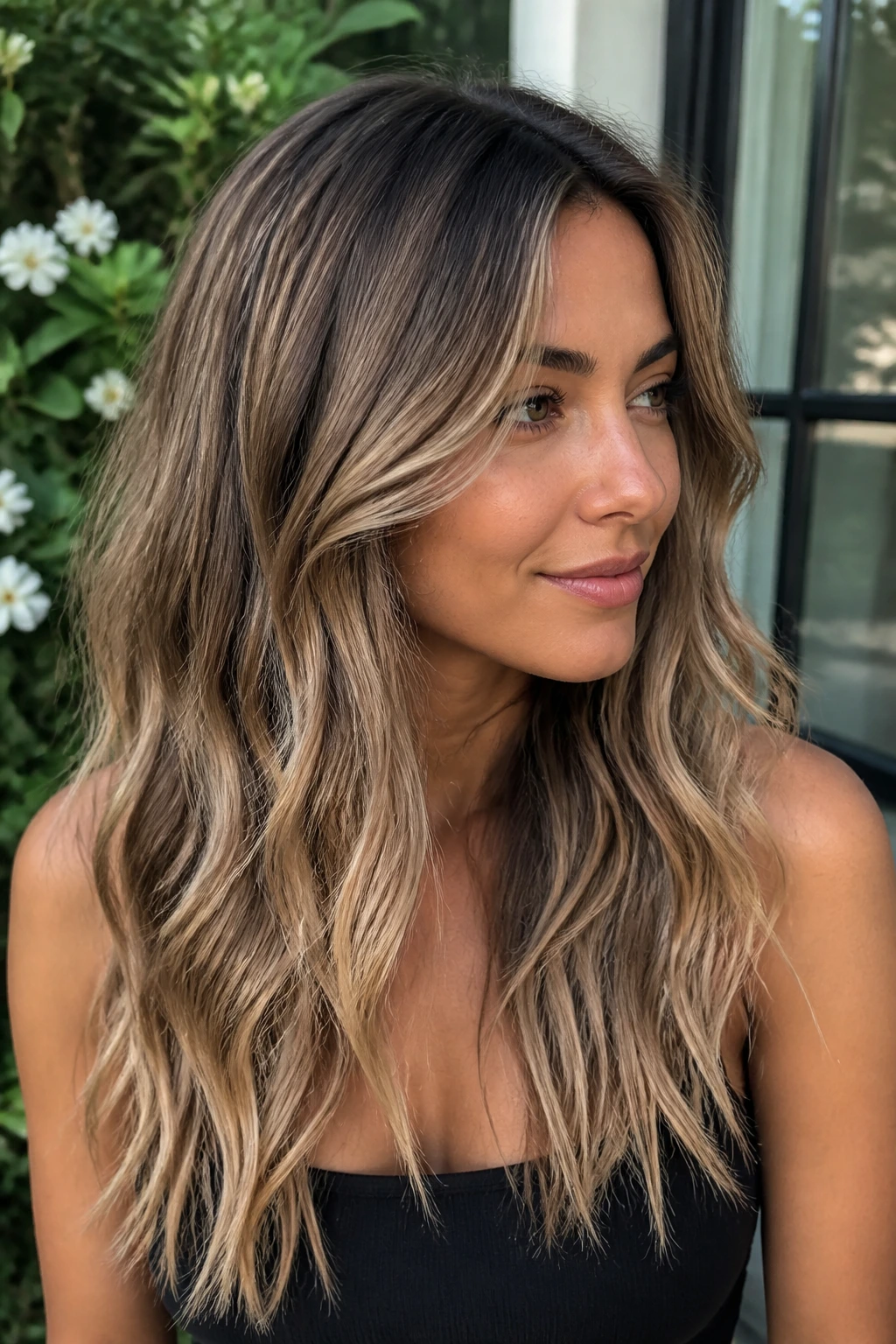 Close-up of a real woman with bronde balayage and soft root melt on long hair.