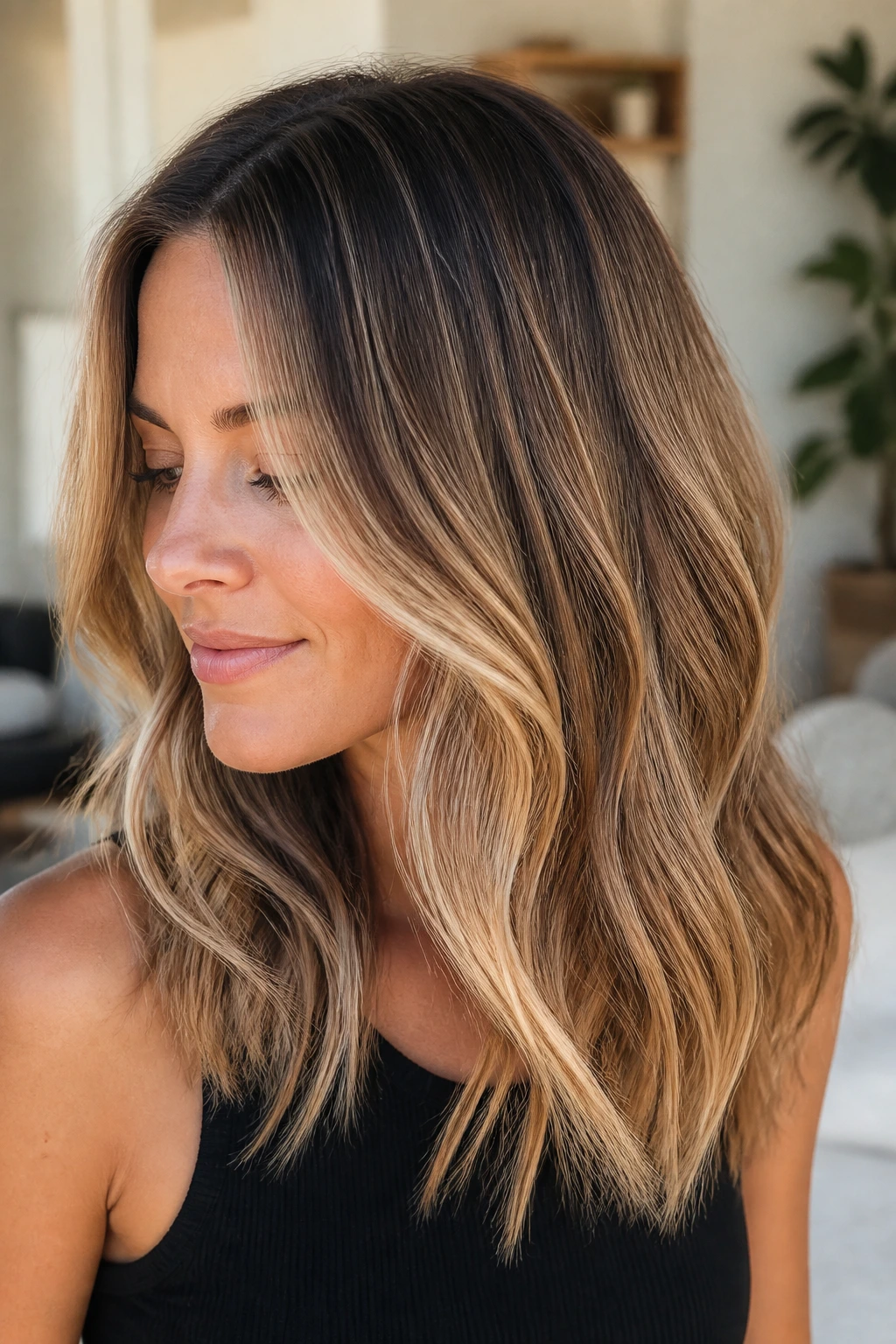 Real woman with bronde balayage and shadow root close-up.