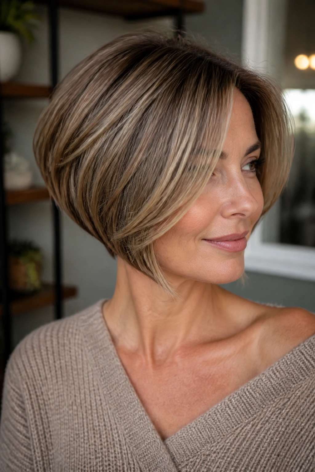 Three-quarter portrait of a real woman with bronde balayage on a stacked bob in natural daylight