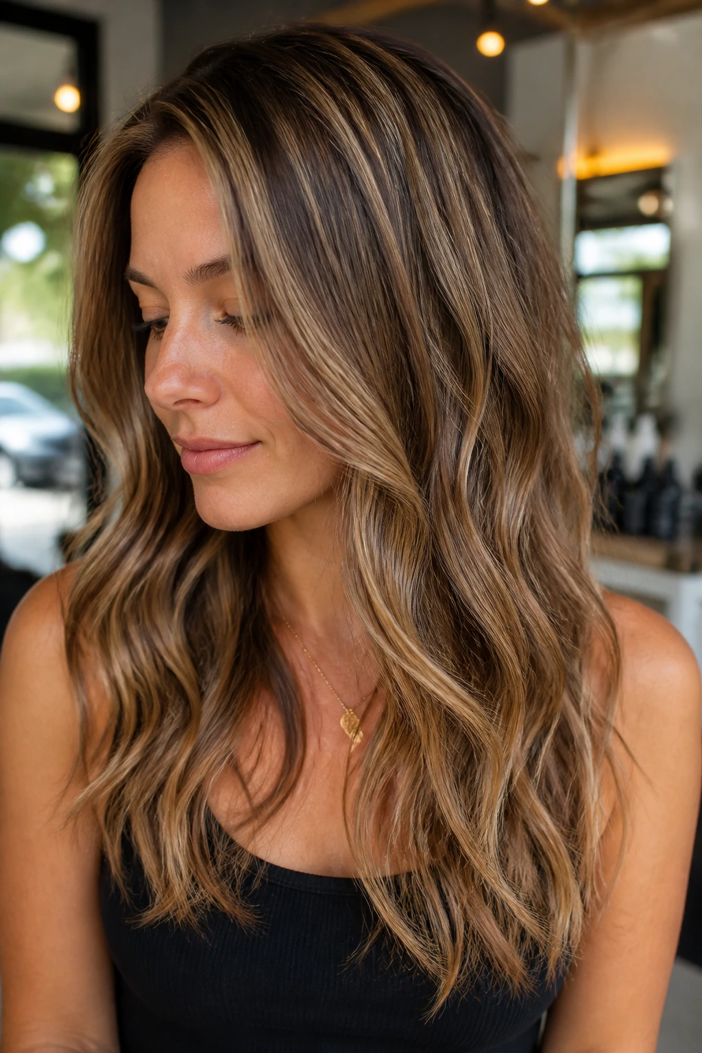 Close-up showing bronde hair color blend with multiple tones