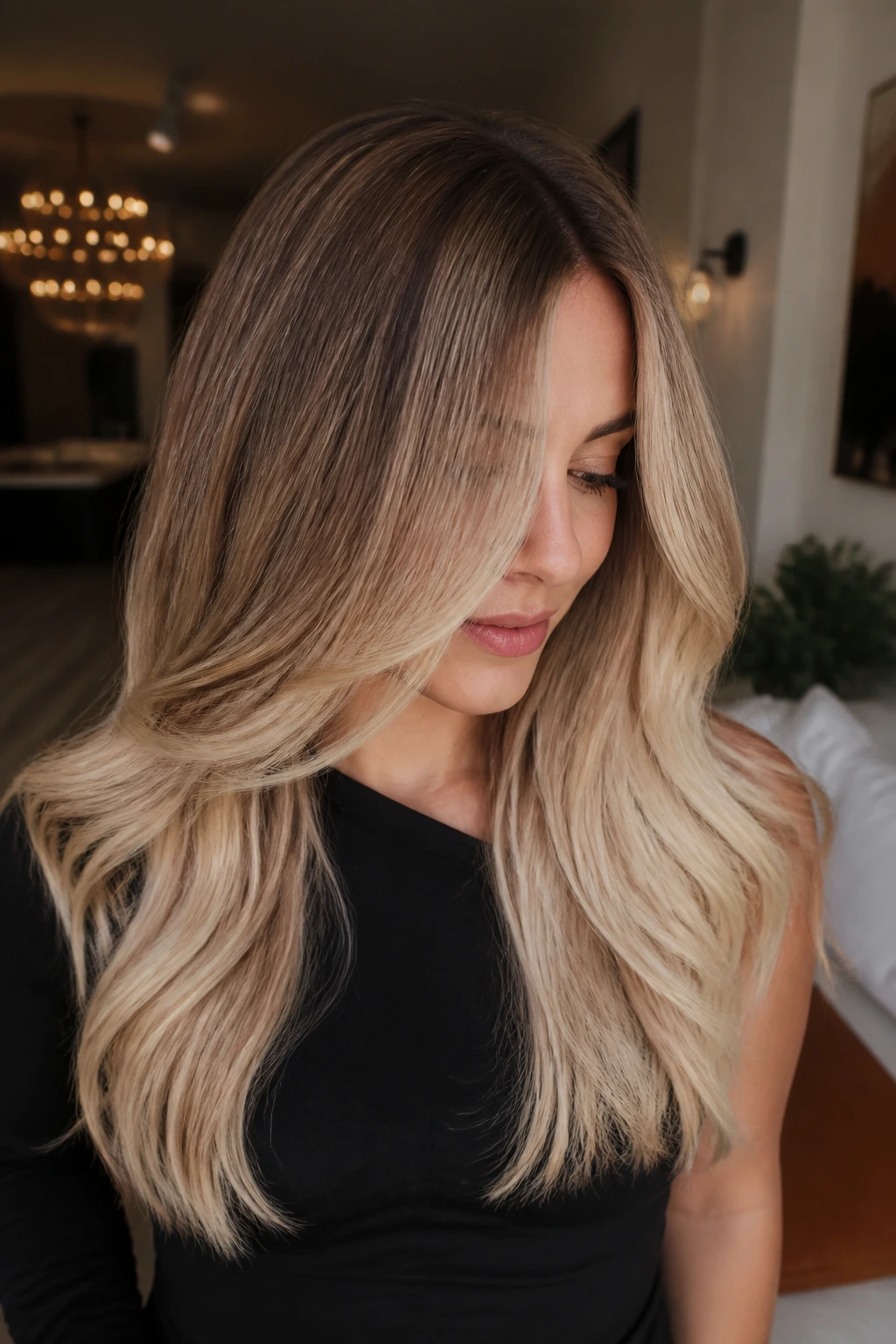 Close-up of a real woman with Bronde-to-Blonde Balayage on long hair