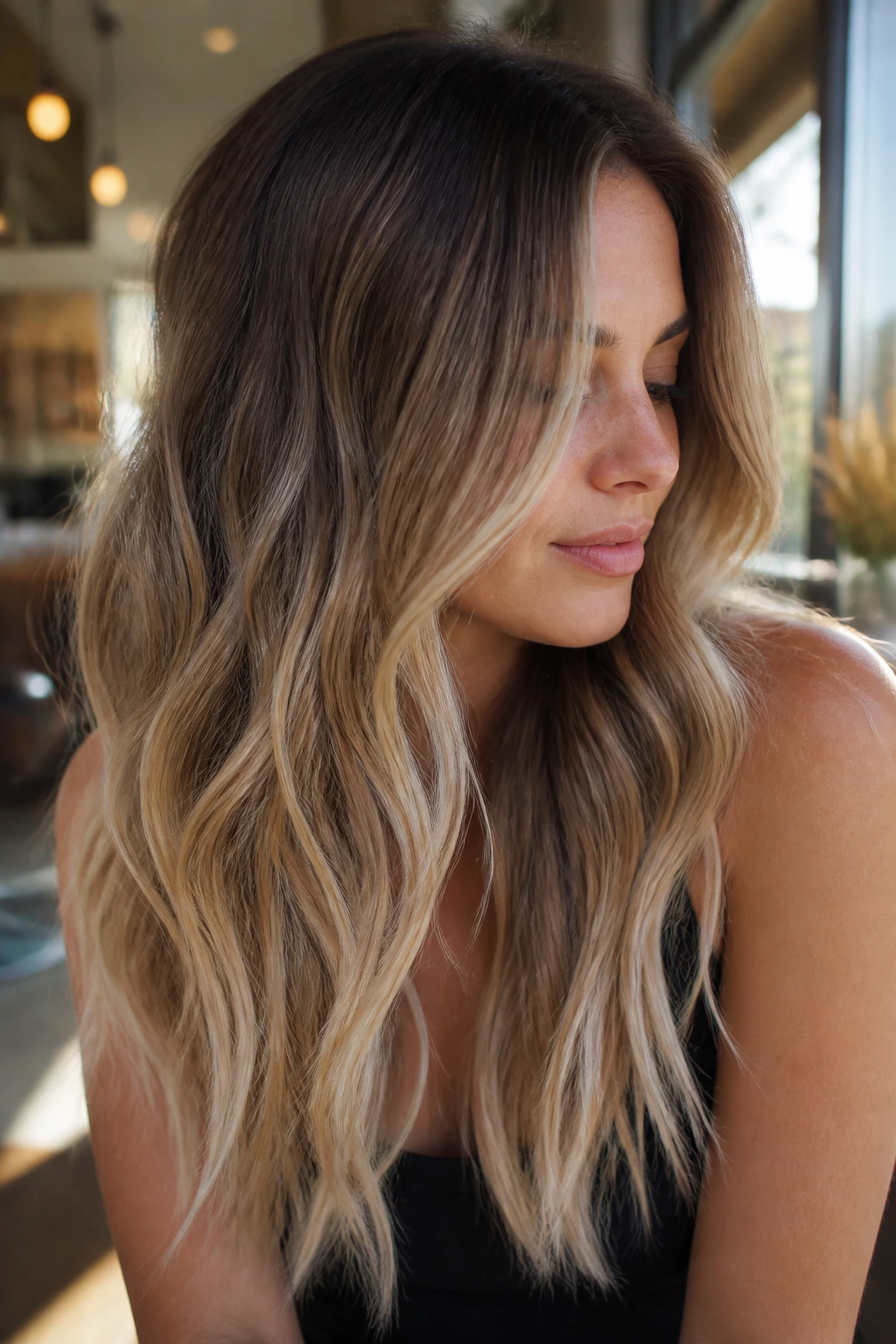 Close-up of a real woman's long waves melting from brunette to blonde