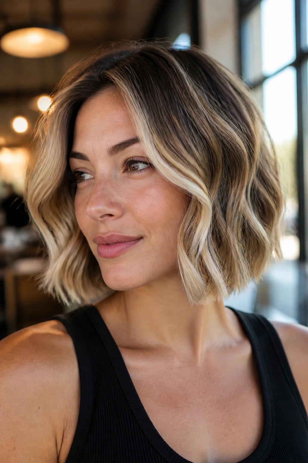 Close-up of a real woman with bronde bob and bright face-framing in warm light