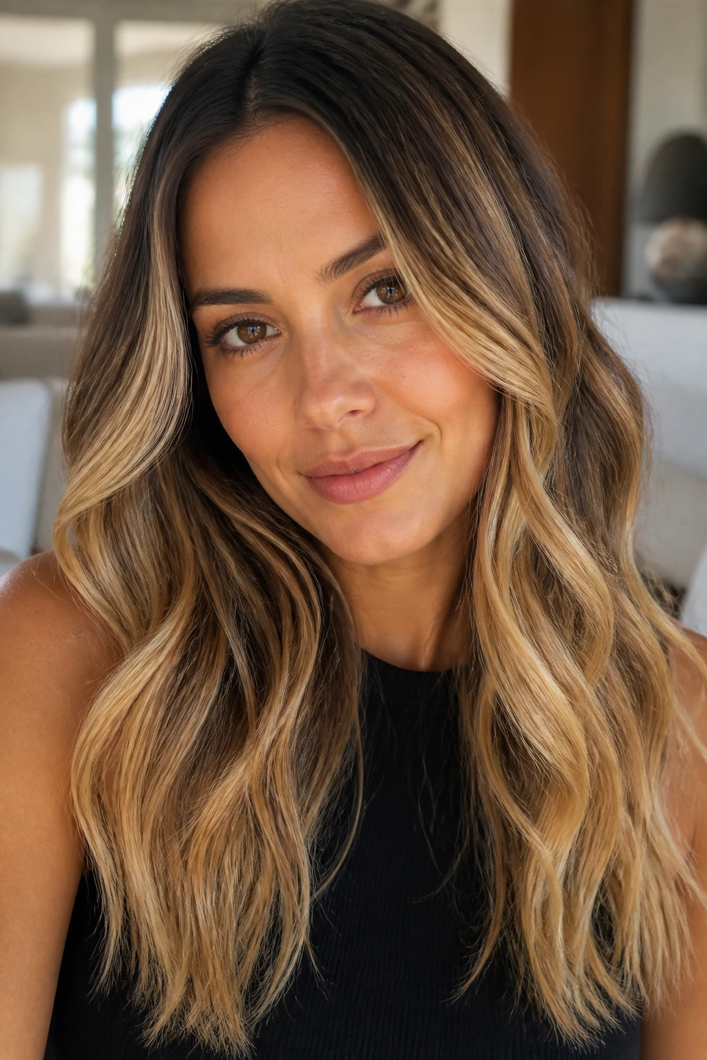 Close-up of a real woman with bronzed brunette turning bronde blonde