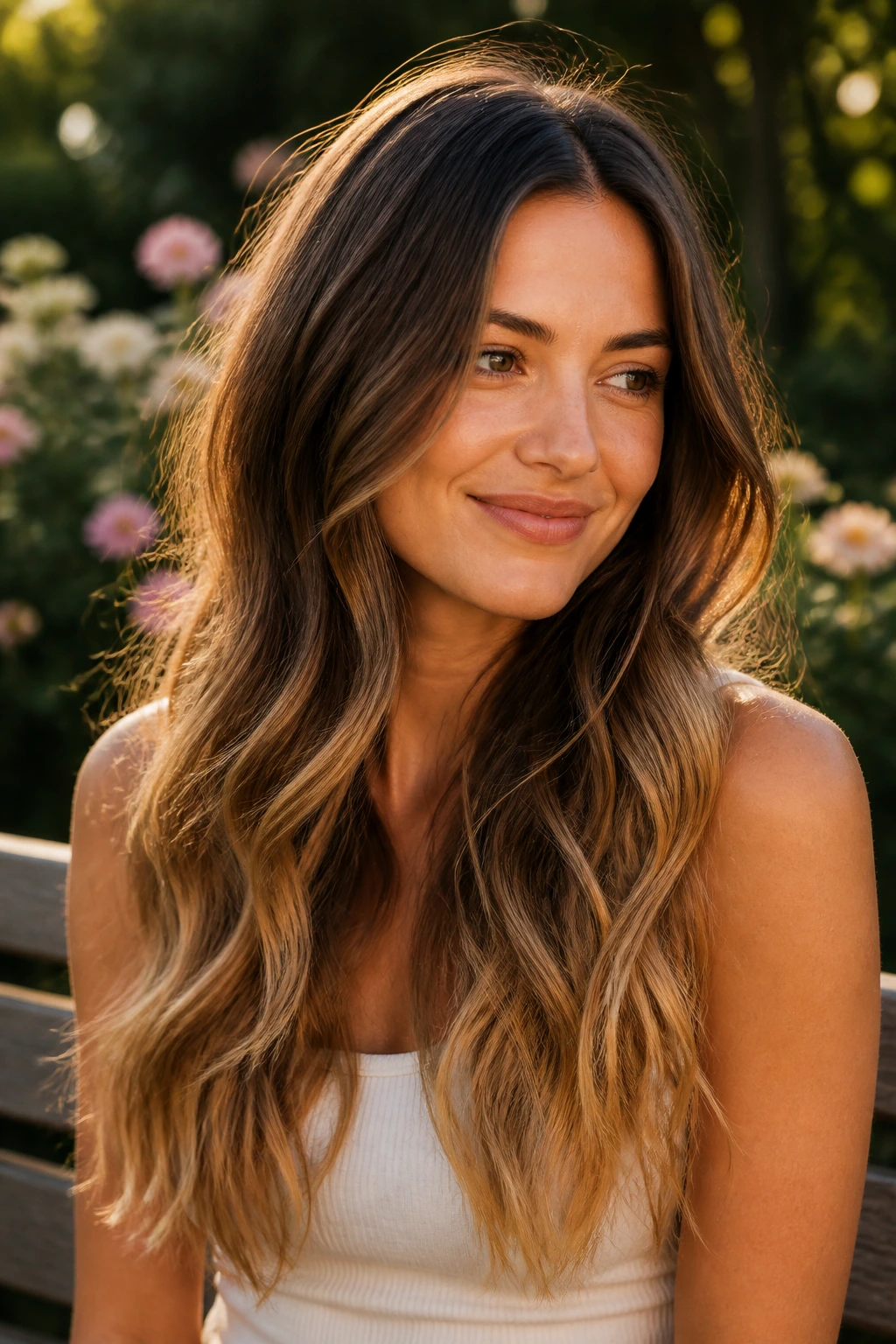 Portrait of a real woman with bronde hair and golden ends in soft waves