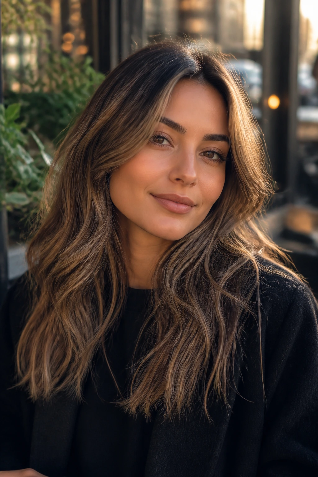 Close-up of a real woman with bronde brunette under golden hour light