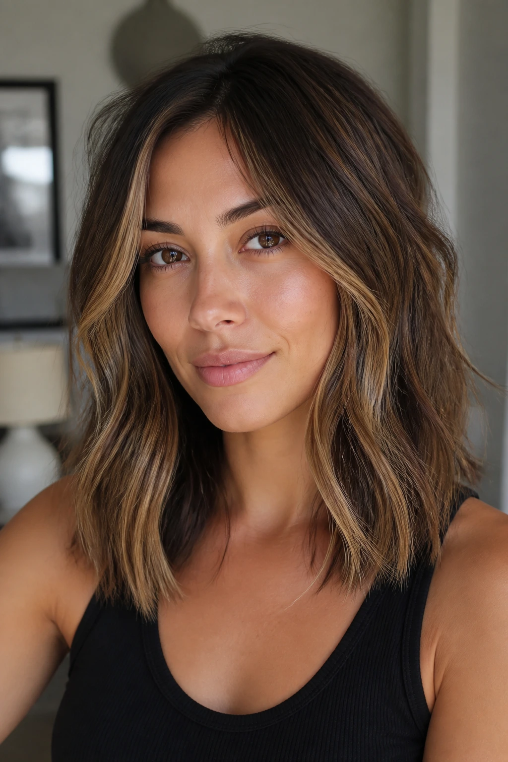 Close-up of bronde hair blending brunette base with beige ribbons on a real person