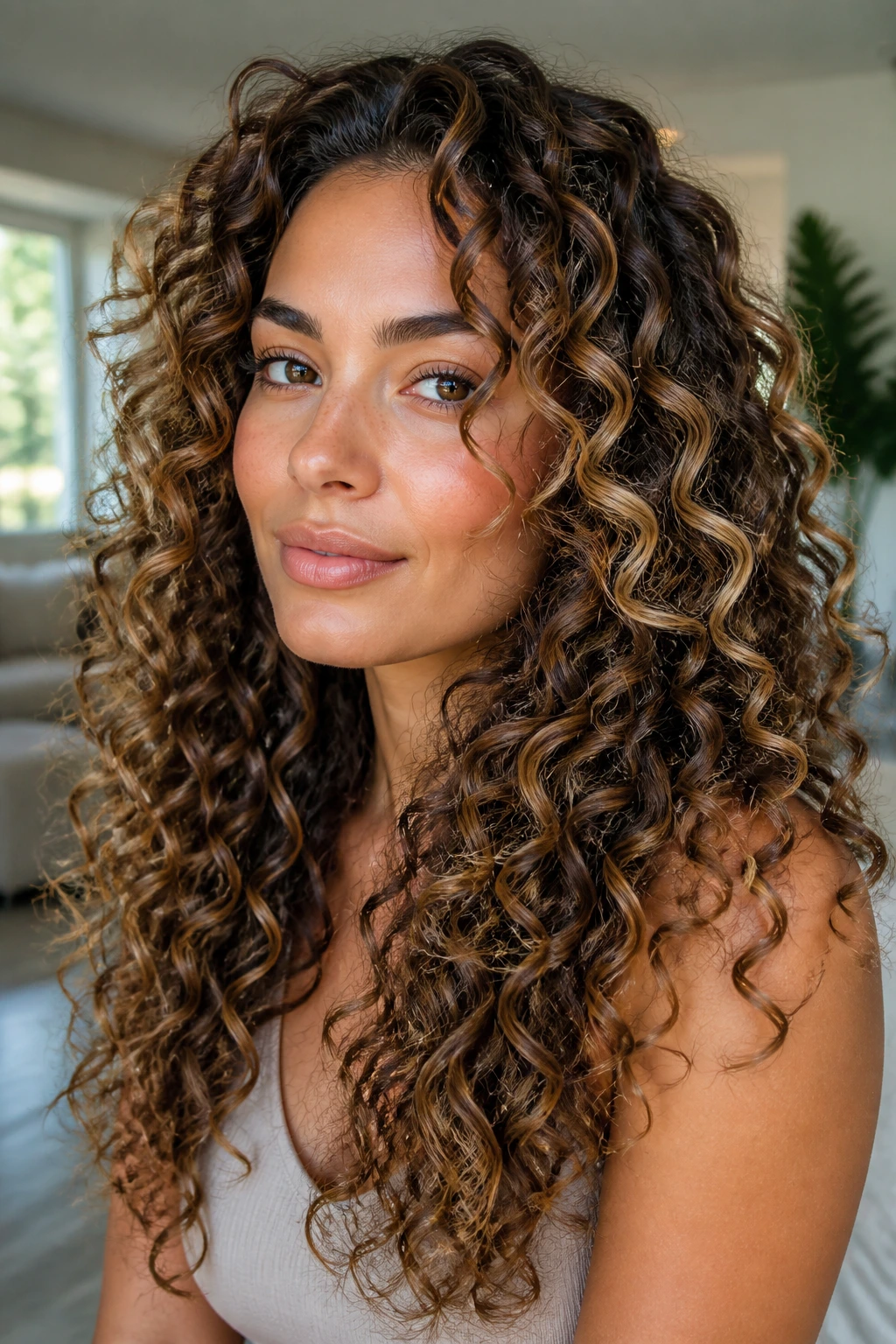 Close-up of a real woman with bronde brunette curl clumps