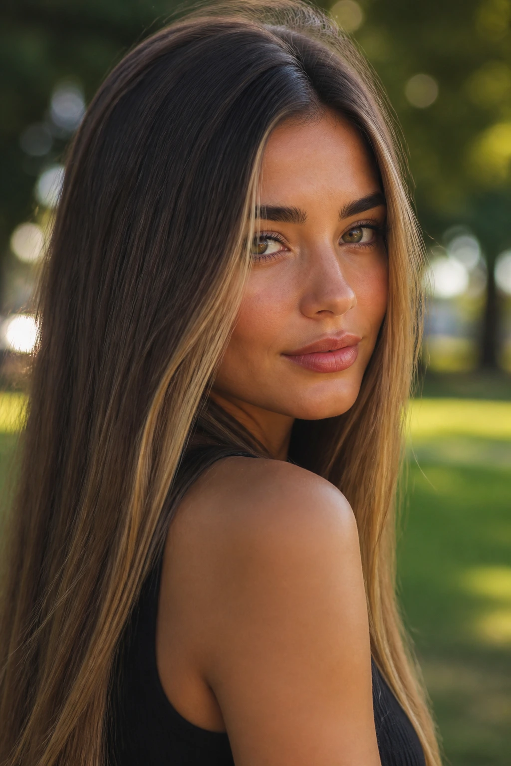 Close-up of real woman with bronde brunette straight hair with soft blonde highlights