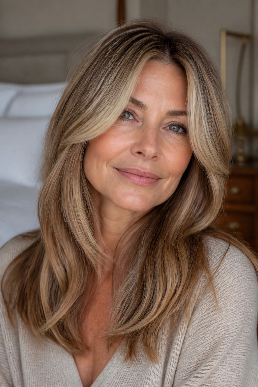 Close-up portrait of a real woman with caramel-blonde bronde hair, warm roots and lighter ribbons.