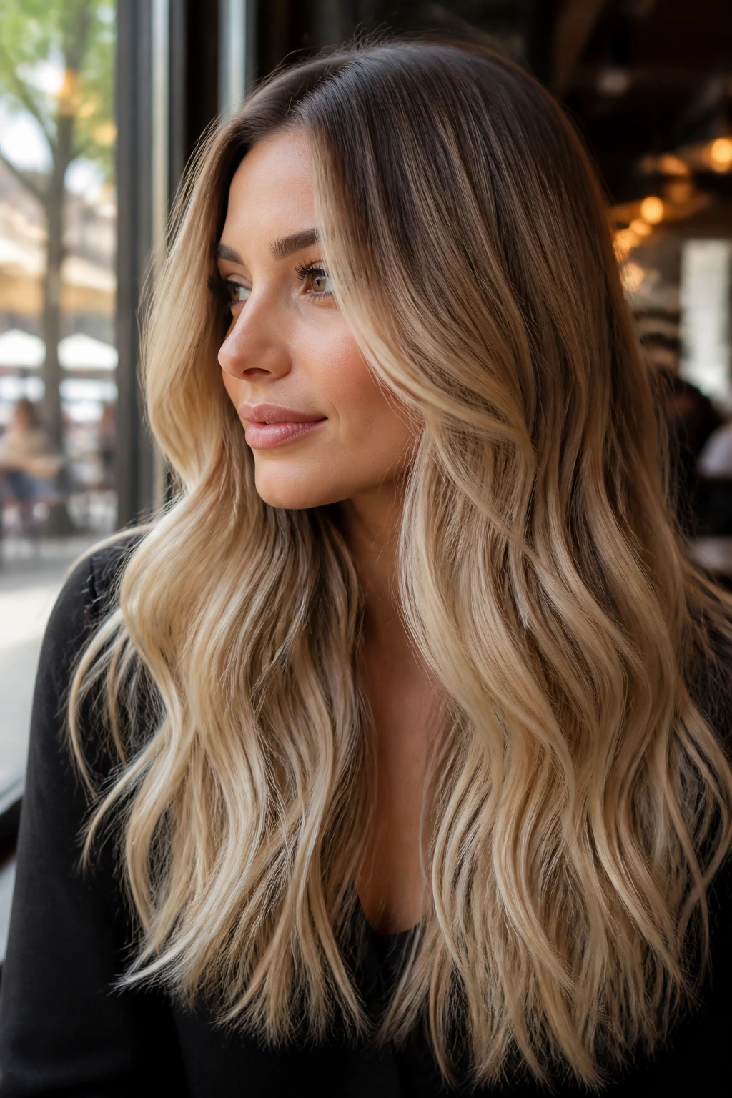 Close-up portrait of long bronde to champagne blonde hair in natural light.